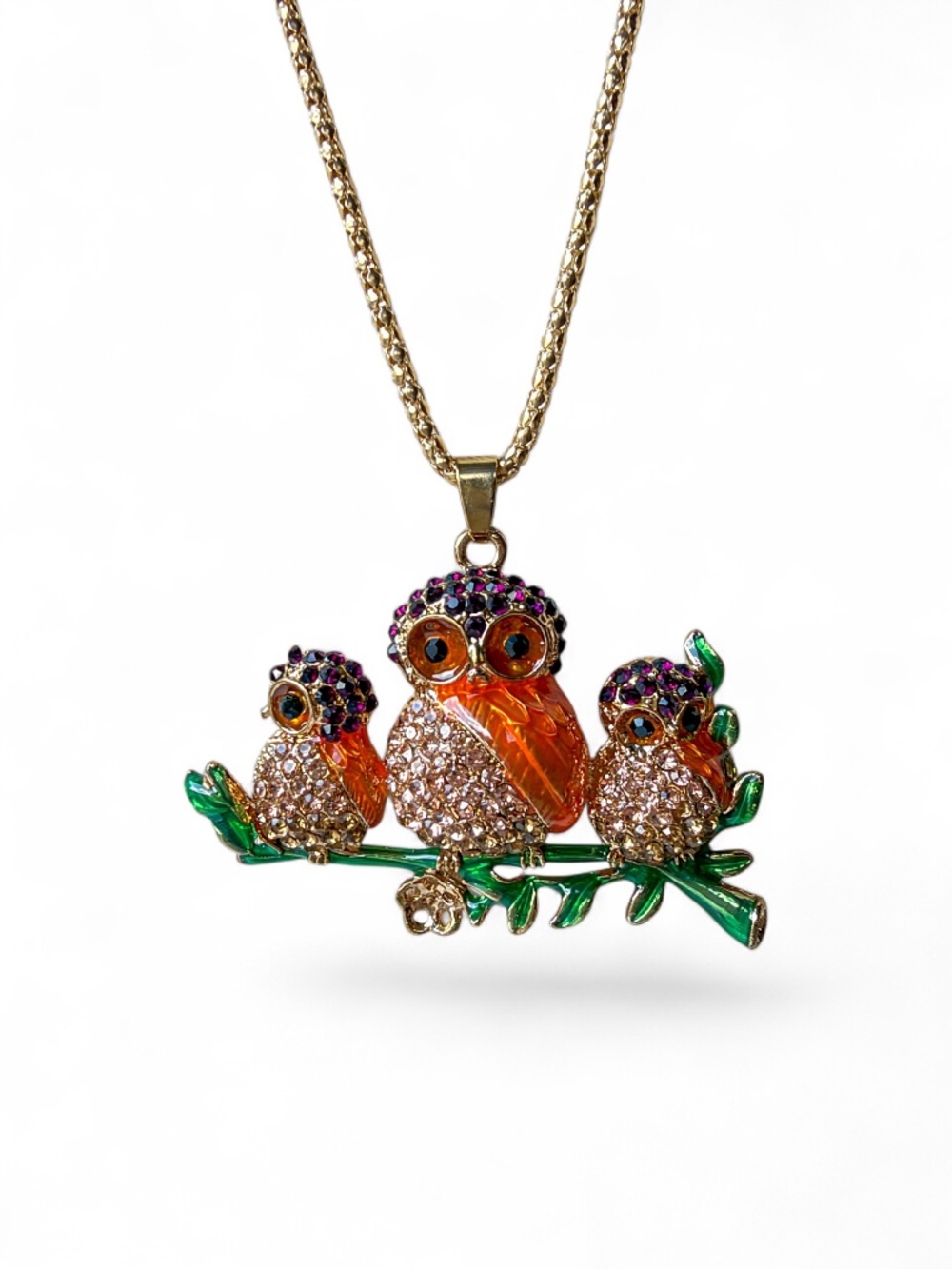 Betsey Johnson Owl Family Crystal Enamel Statement Pendant Necklace